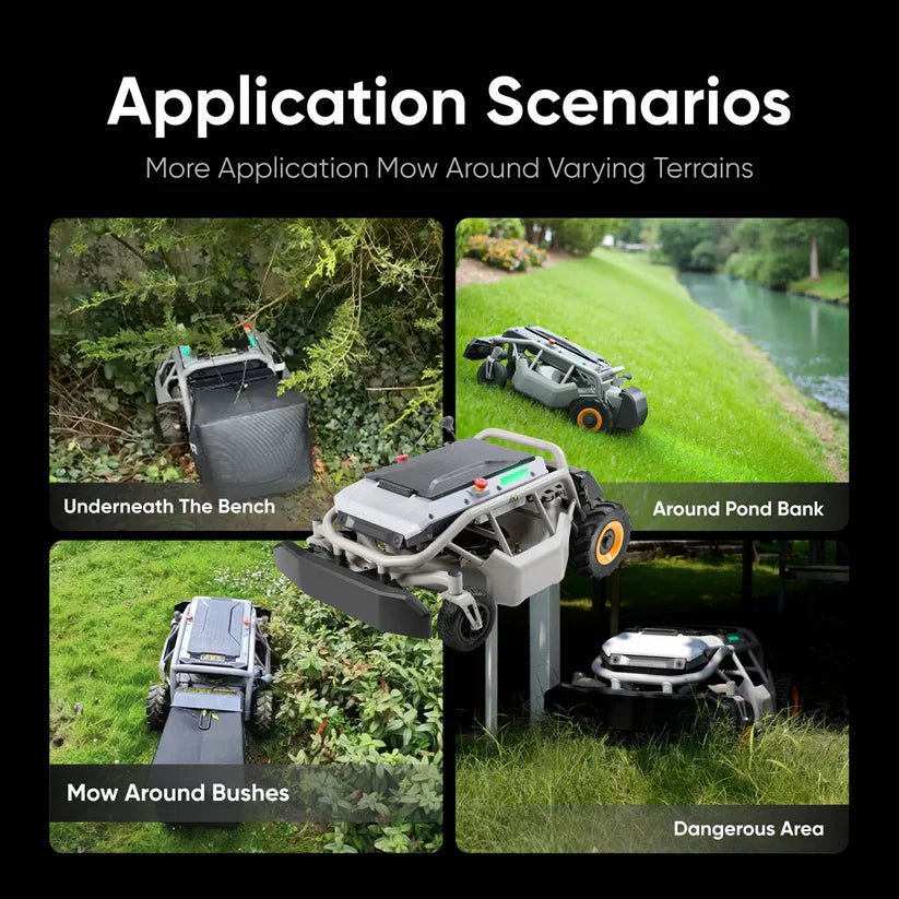 MOWRATOR Mowrator S1 2WD Beast LeafVac Pro bundle with lawn mower, auto dumping bag, and mulching blade on grass.
