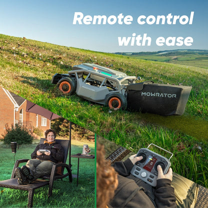 MOWRATOR Extended Power Bundle with S1 4WD 18Ah battery and 75% slope mower, showing the mower and battery in a yard setting.
