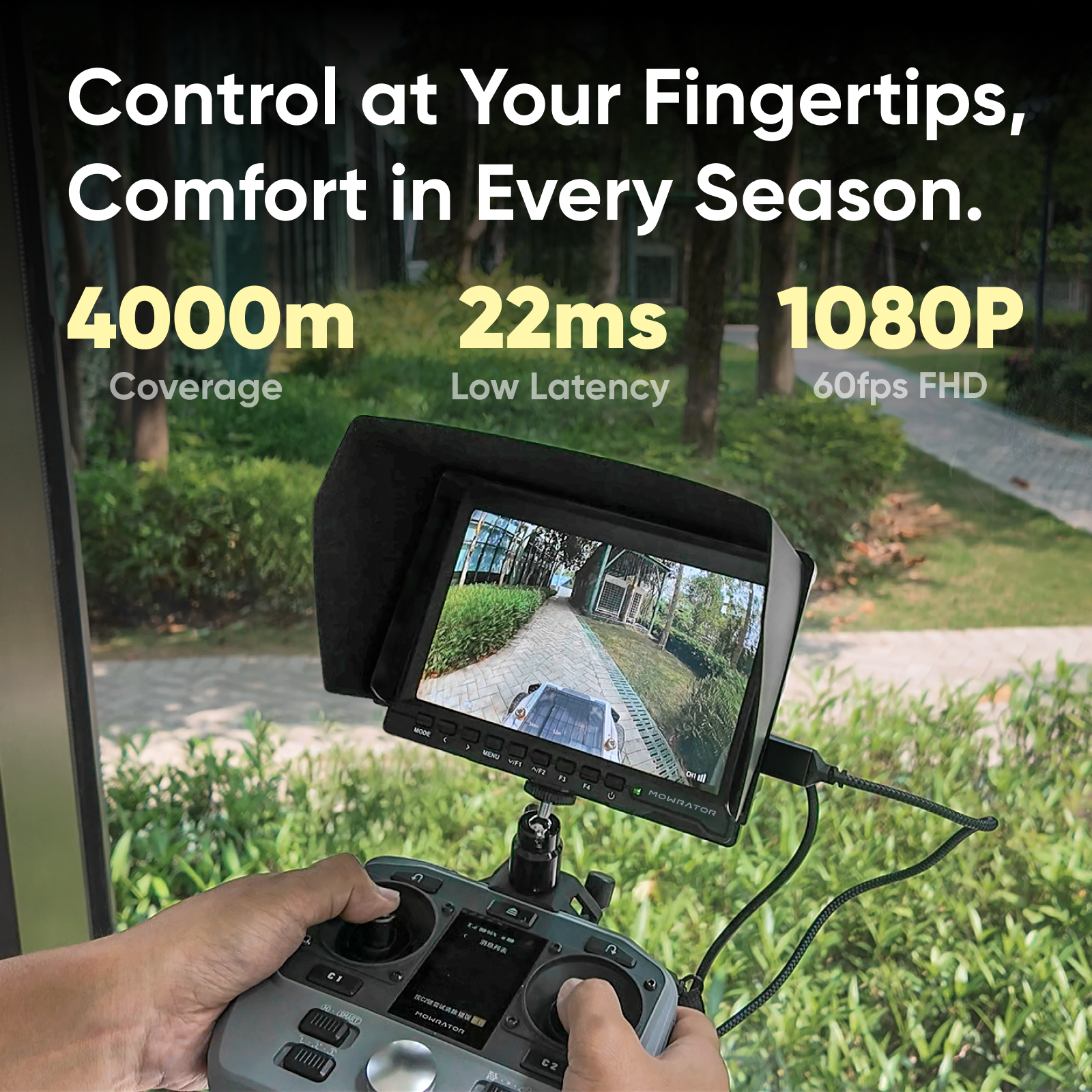 IndoorMow Bundle with MOWRATOR Mowrator S1 4WD lawn mower and MOWFUN FPV drone for lawn care and aerial viewing.