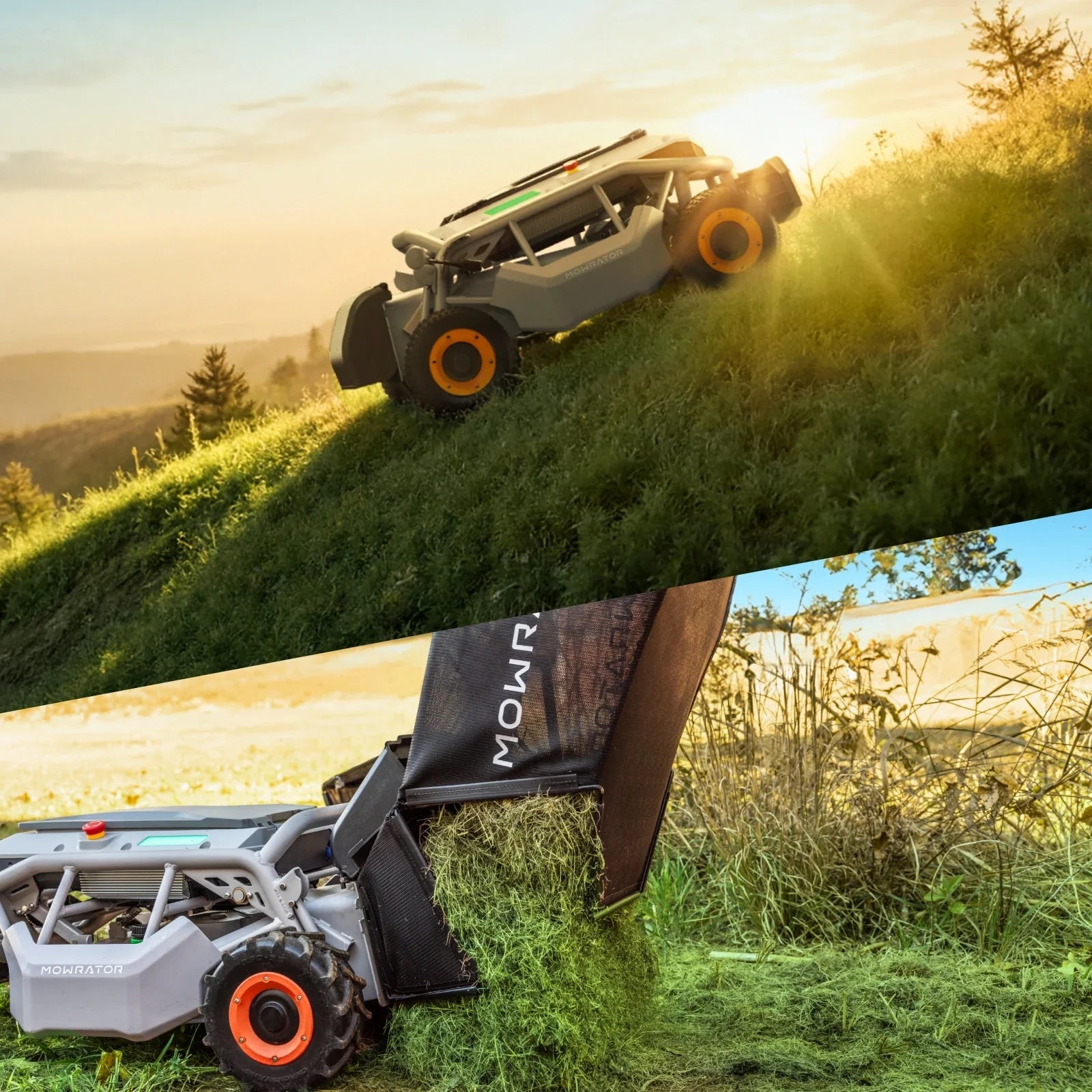 MOWRATOR auto-dumping lawn care bundle with S1 4WD 18Ah mower on a grassy slope, featuring durable wheels and ergonomic design.
