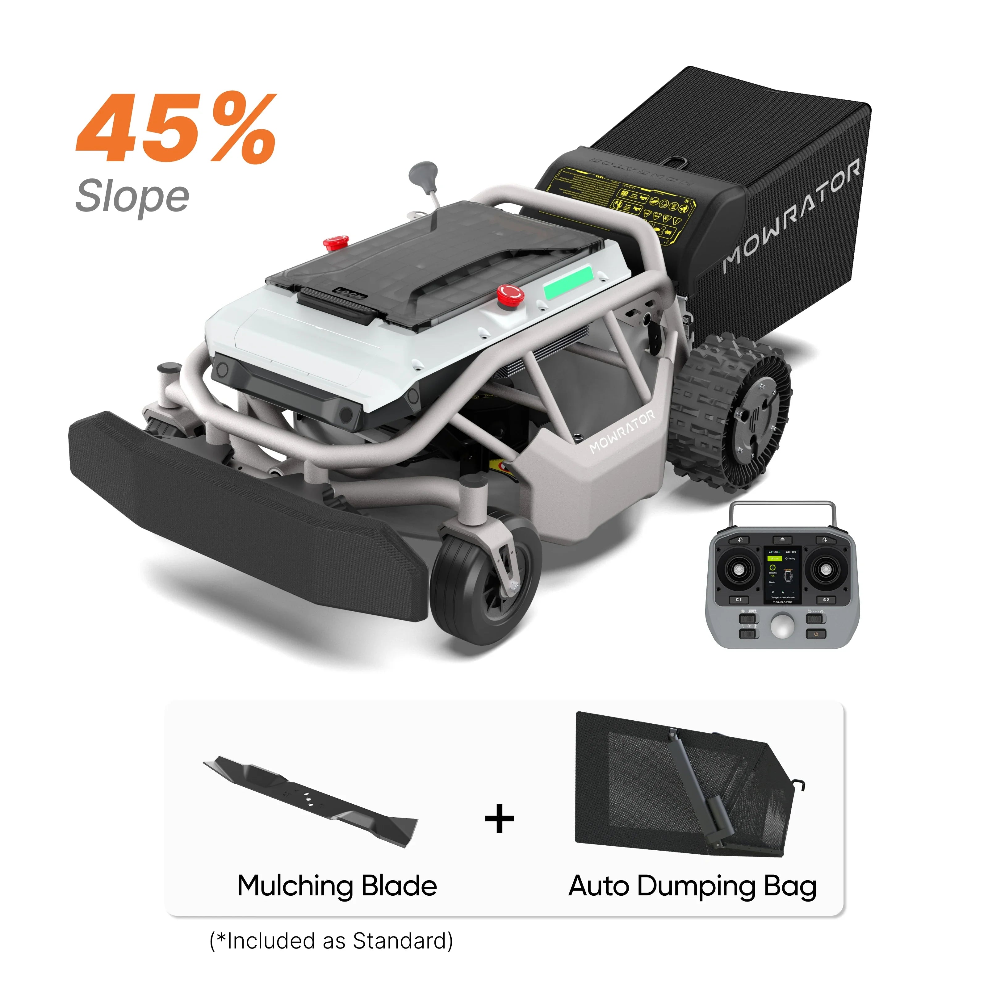MOWRATOR Mowrator S1 2WD Beast LeafVac Pro bundle with lawn mower, auto dumping bag, and mulching blade in outdoor setting.
