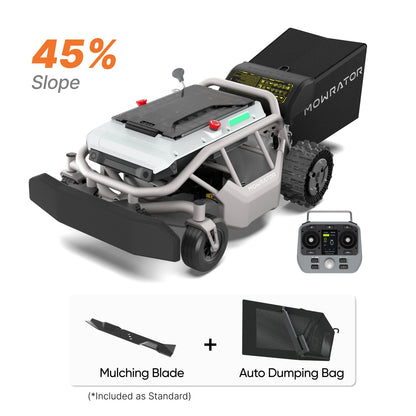 MOWRATOR Mowrator S1 2WD Beast LeafVac Pro bundle with lawn mower, auto dumping bag, and mulching blade in outdoor setting.