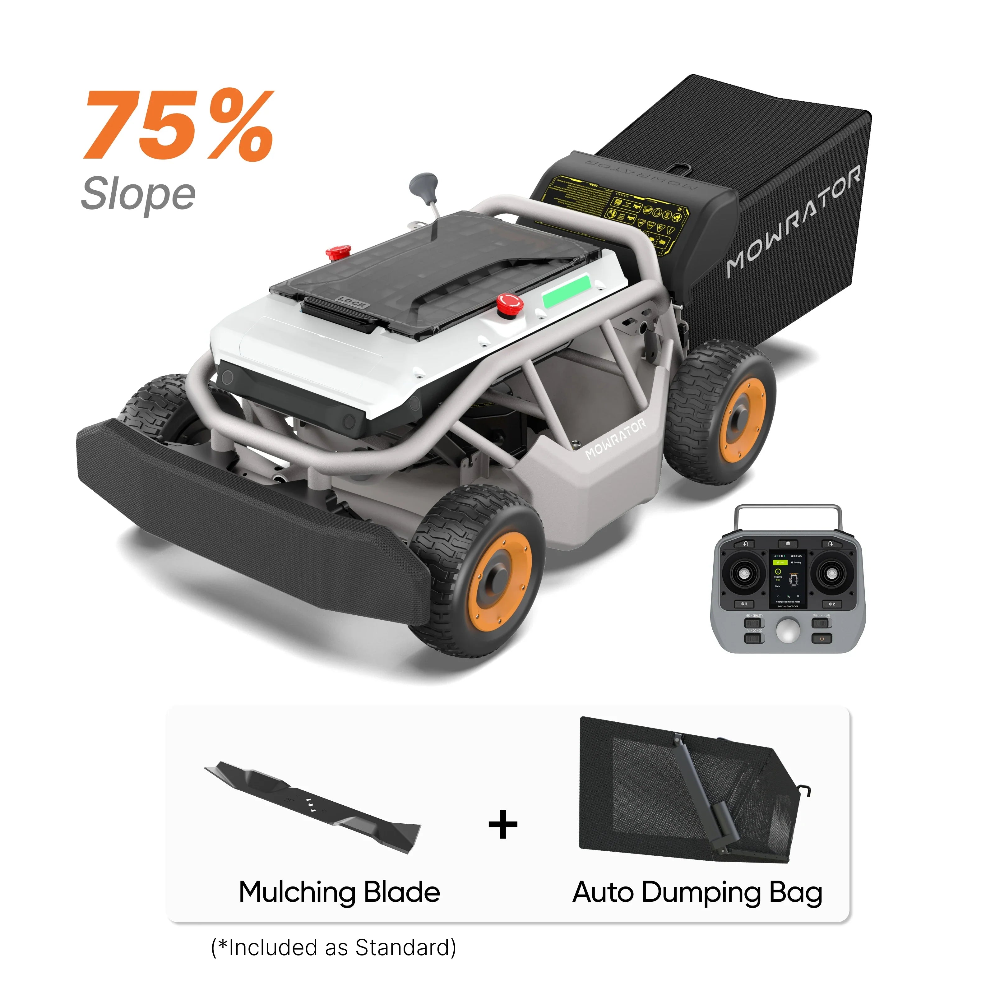 MOWRATOR auto-dumping lawn care bundle with S1 4WD 18Ah mower on a sloped grassy area, showing the mower and its features.