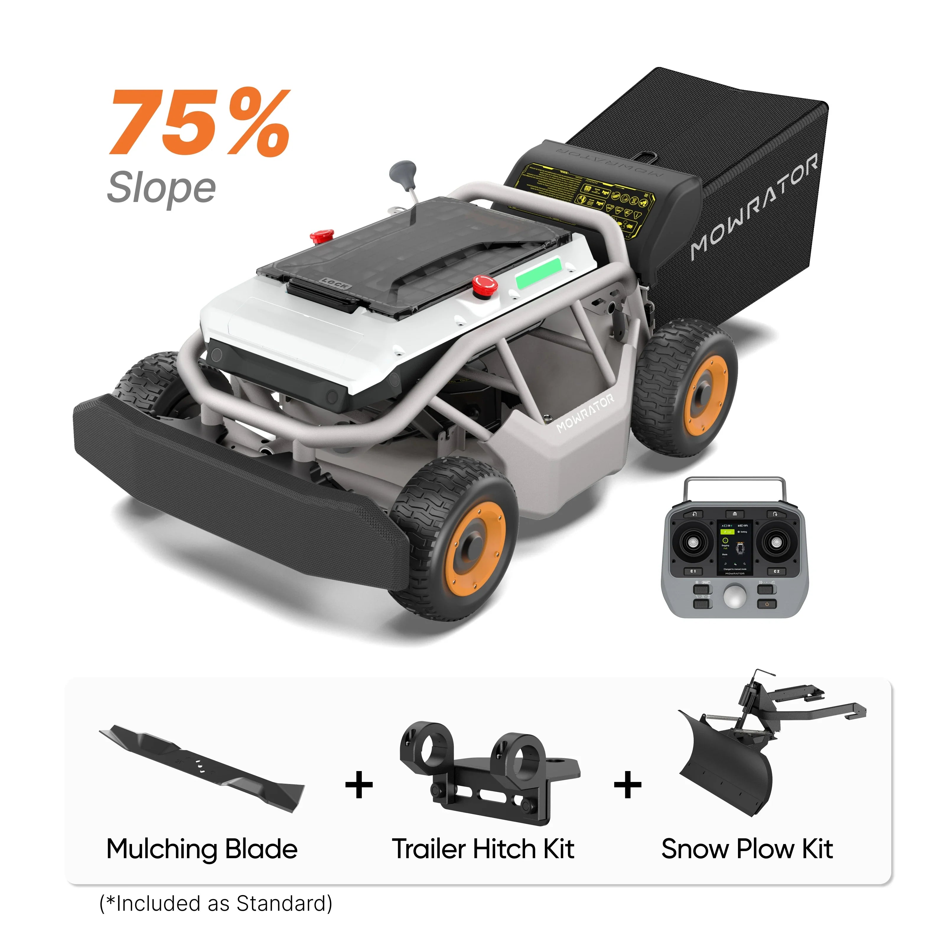 MOWRATOR All-Season 75% Slope Bundle with S1 4WD 18Ah, featuring rugged terrain tires and all-weather equipment for versatile use