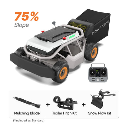 MOWRATOR All-Season 75% Slope Bundle with S1 4WD 18Ah, featuring rugged terrain tires and all-weather equipment for versatile use