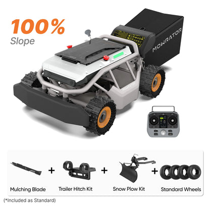 MOWRATOR All-Season 100% Slope Bundle with S1 4WD 18Ah, deformable tires, showcasing rugged off-road capabilities and versatile terrain handling.