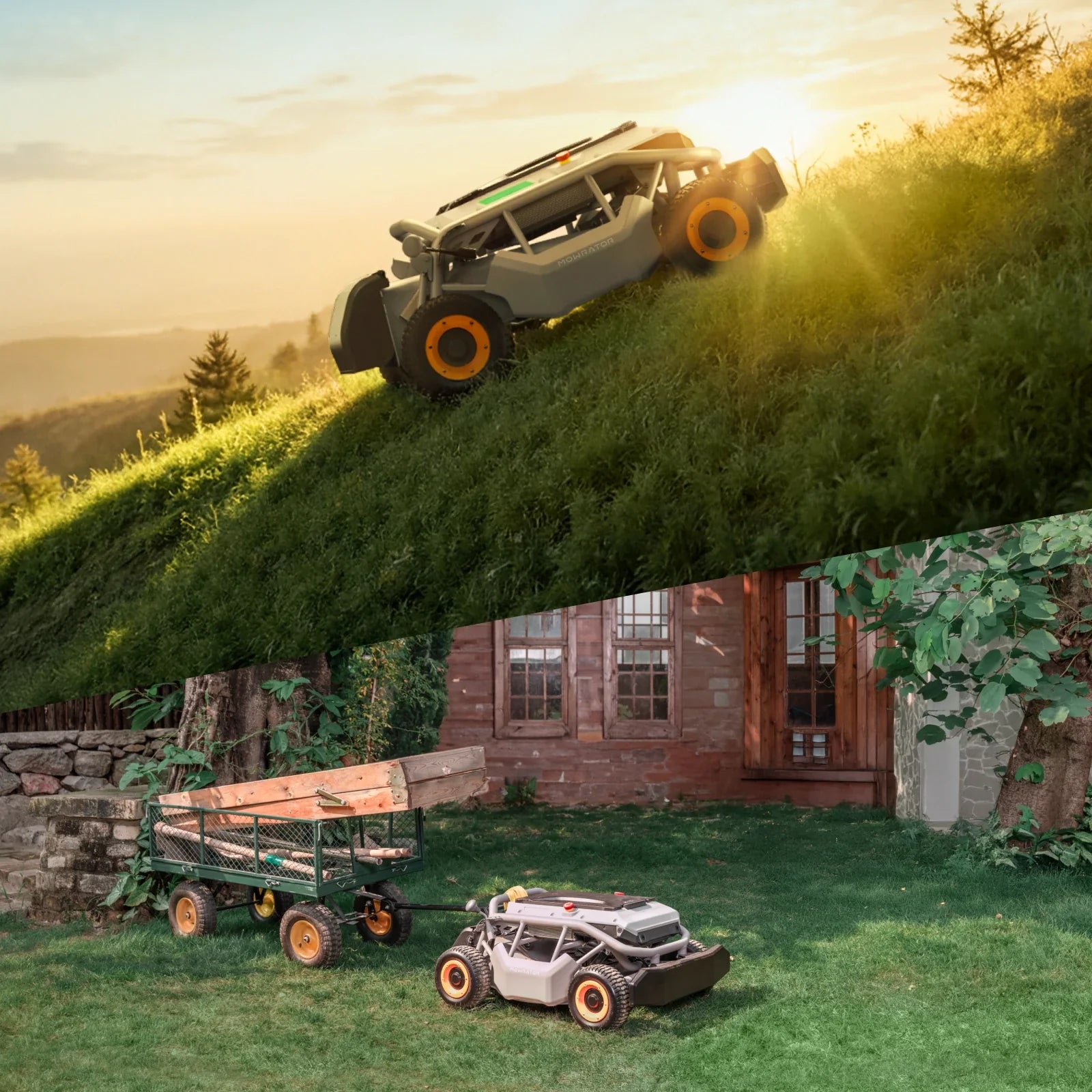 MOWRATOR Mow&Tow Bundle with S1 4WD 18AH lawn mower and trailer hitch kit, showing the mower and hitch components.
