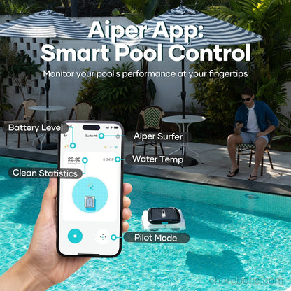 Aiper Surfer M1 cordless robotic pool cleaner skimming the surface of a swimming pool, with sleek design and compact size.