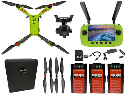 Xpece ONE fishing drone with remote control, camera, and fishing accessories for drone-assisted fishing activities.