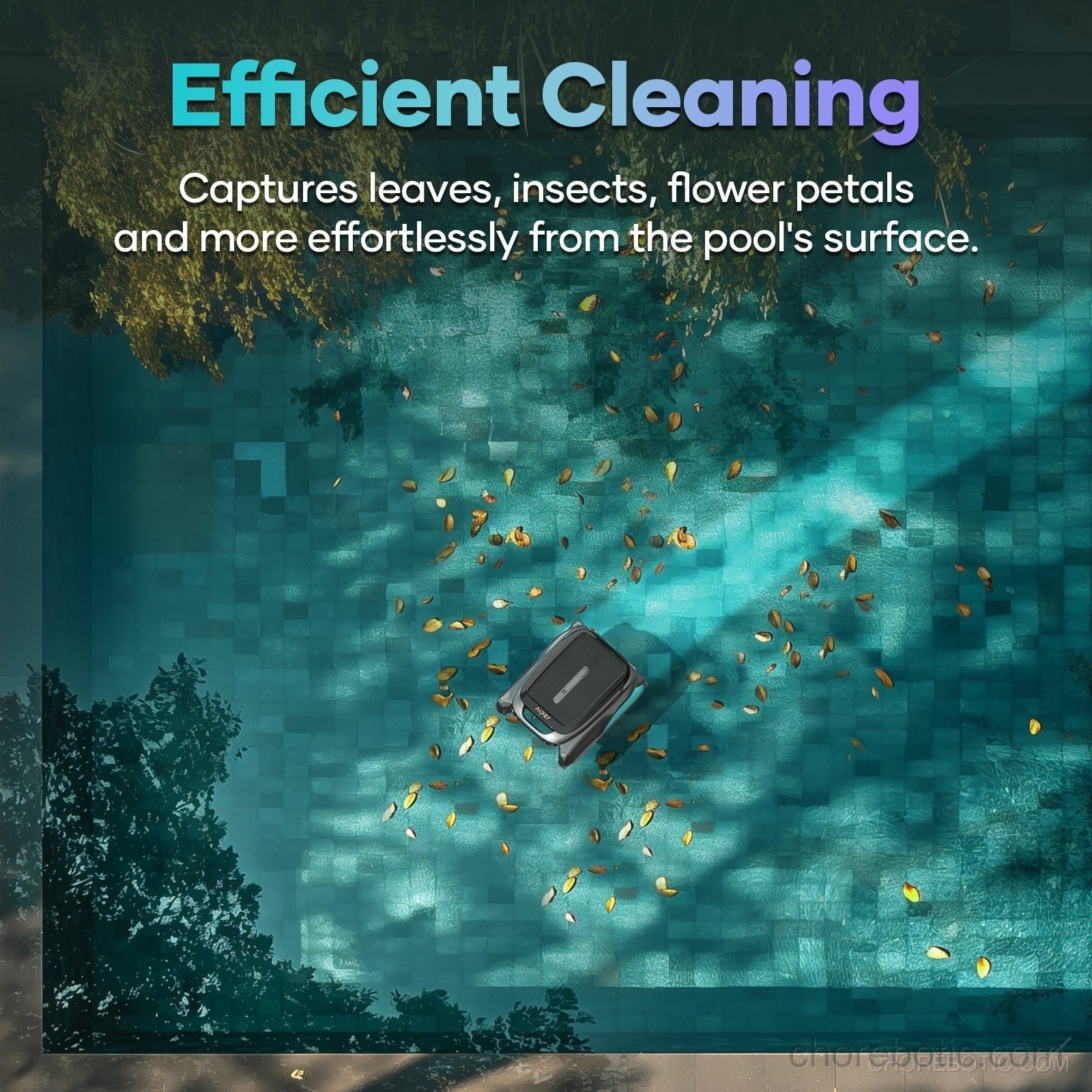 Aiper Surfer S1 cordless robotic pool skimmer cleaning a swimming pool with floating debris and clear water.