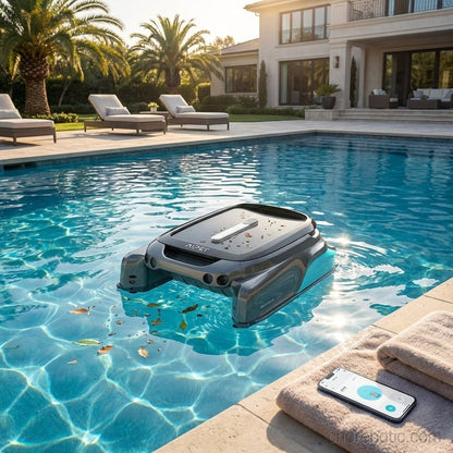 Aiper Surfer S1 cordless robotic pool skimmer cleaning a swimming pool with its sleek, compact design and robotic features.