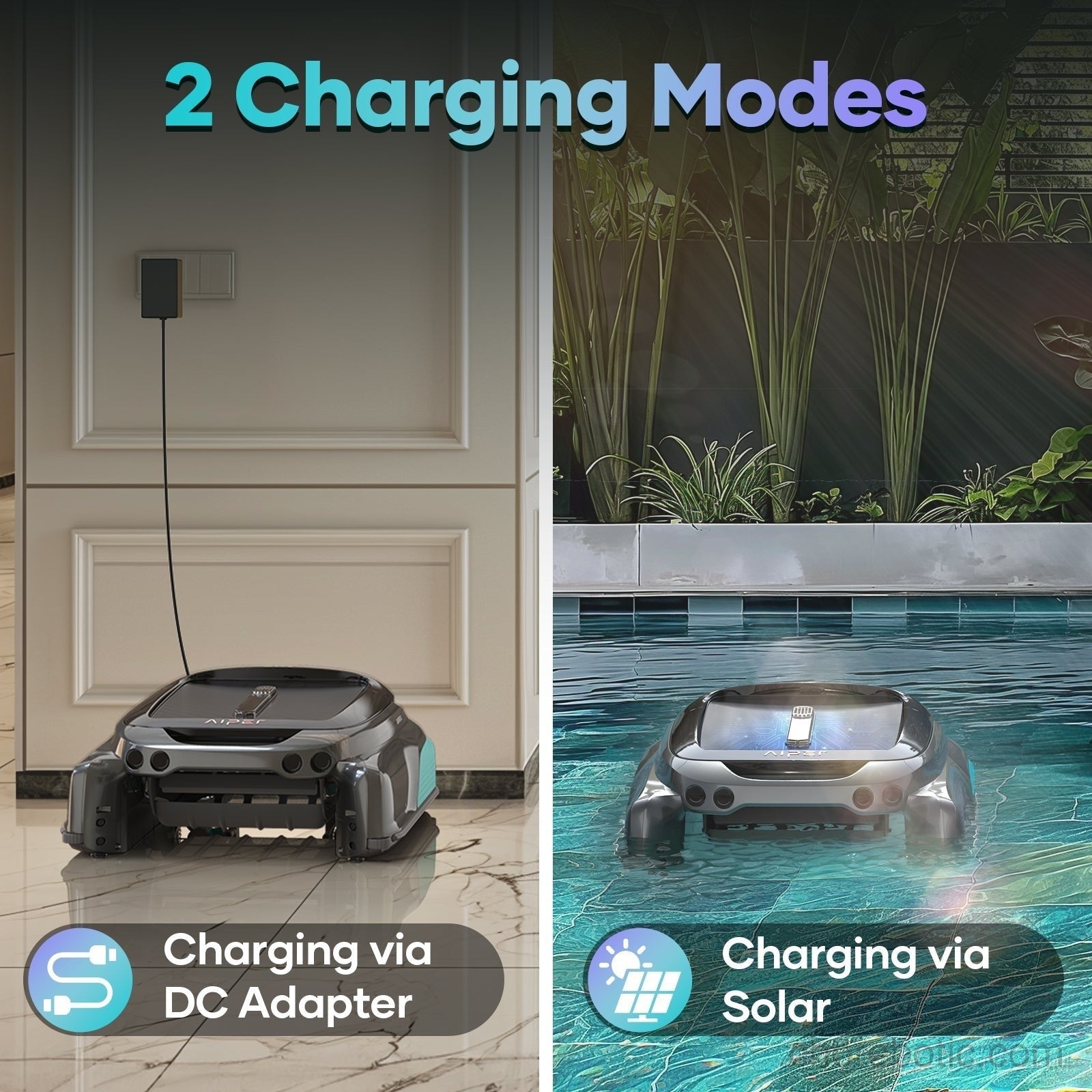 Aiper Surfer S1 cordless robotic pool skimmer cleaning a swimming pool with its compact design and robotic arms.