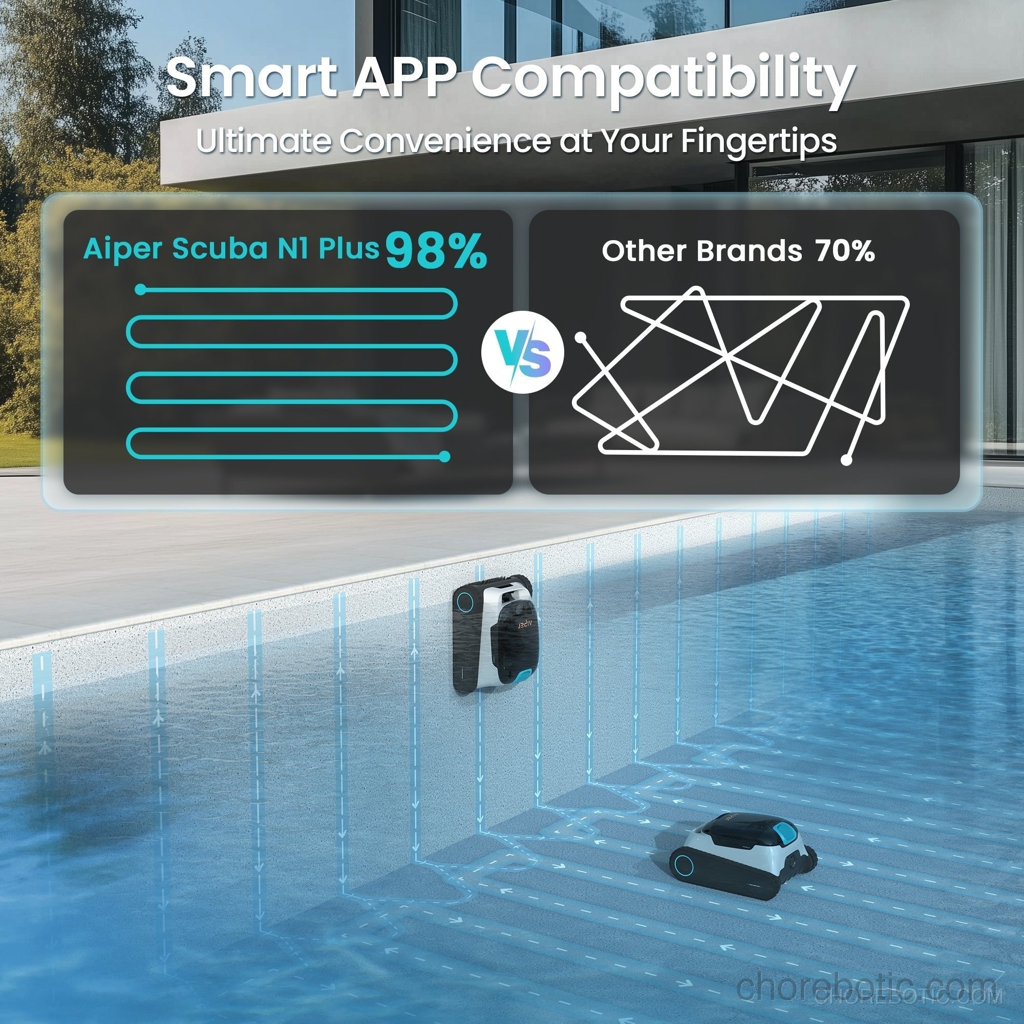 Aiper Scuba N1 Plus cordless robotic pool cleaner submerged in a swimming pool with brushes and suction ports visible.