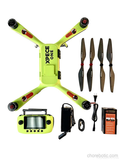 Xpece ONE fishing drone flying over water with a camera mounted, designed for fishing and aerial photography.