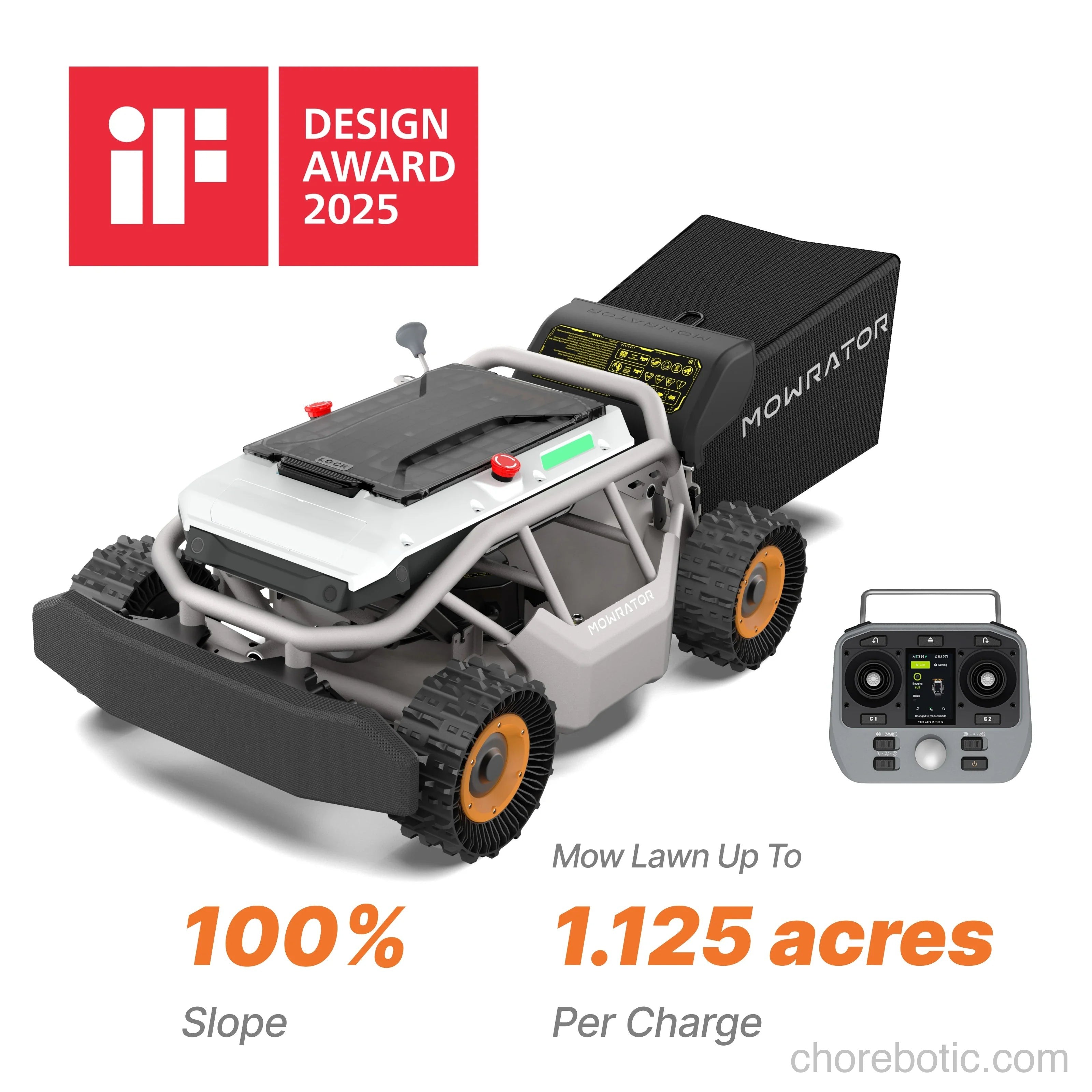 MOWRATOR Mowrator S1 4WD remote control lawn mower with deformable tires and leaf shredding vacuum, suitable for slopes.