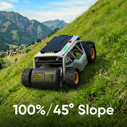 MOWRATOR S1 4WD remote control lawn mower with deformable tires, leaf shredding vacuum, designed for 100% slopes.