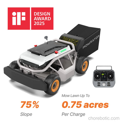 MOWRATOR S1 4WD remote control lawn mower with leaf shredding vacuum, designed for 75% slope terrain, outdoors on grass