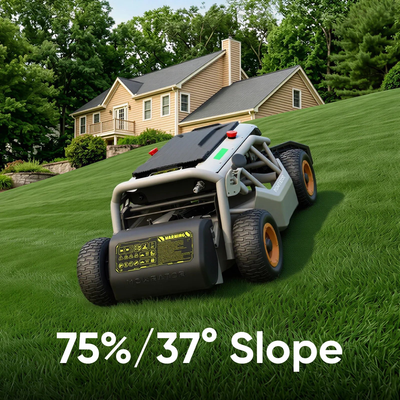 MOWRATOR S1 4WD remote control lawn mower with leaf shredding vacuum on a grassy slope, showing its compact design and wheels.