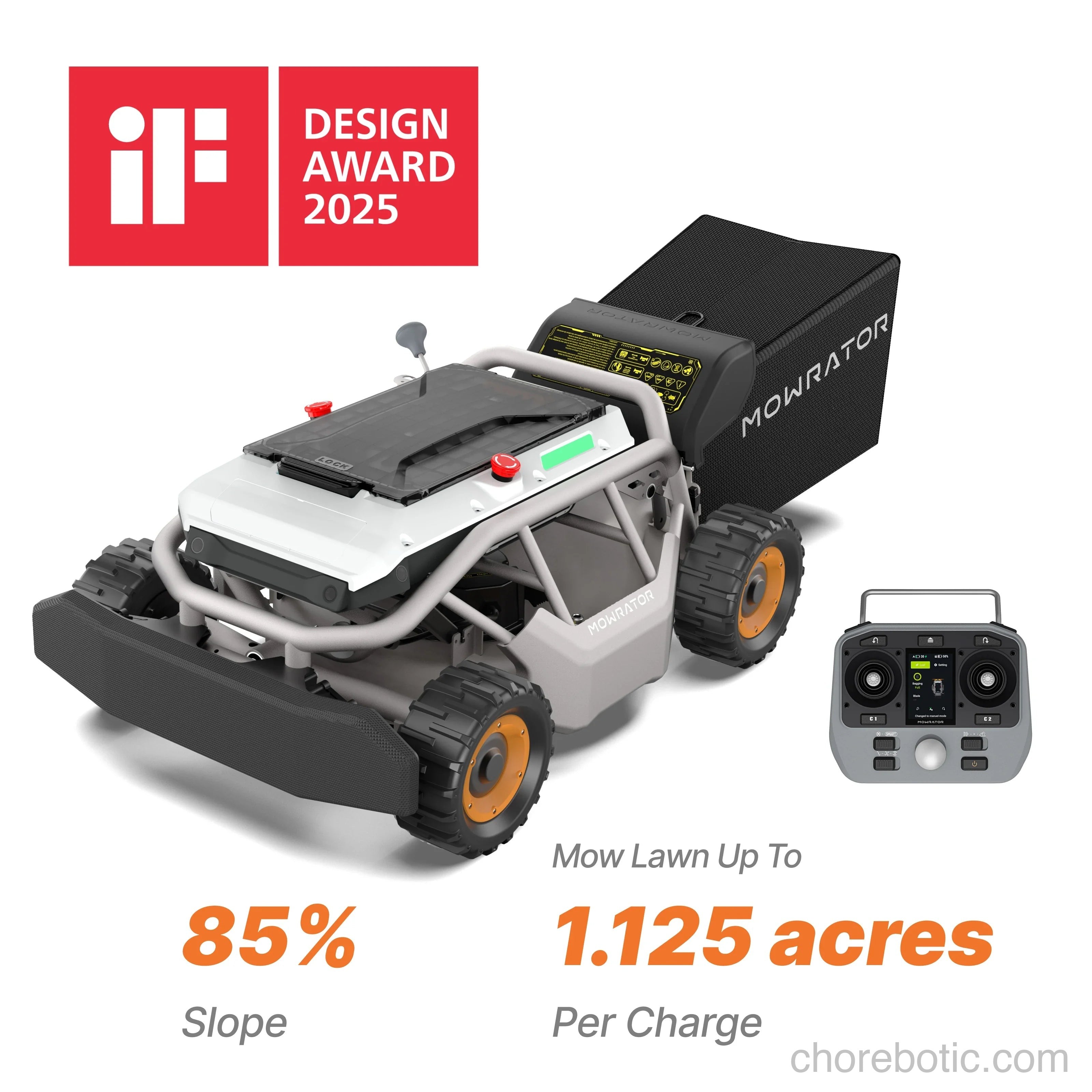 Mowrator S1 4WD remote control lawn mower with wide wheels, shredding vacuum, designed for 85% slope terrain.