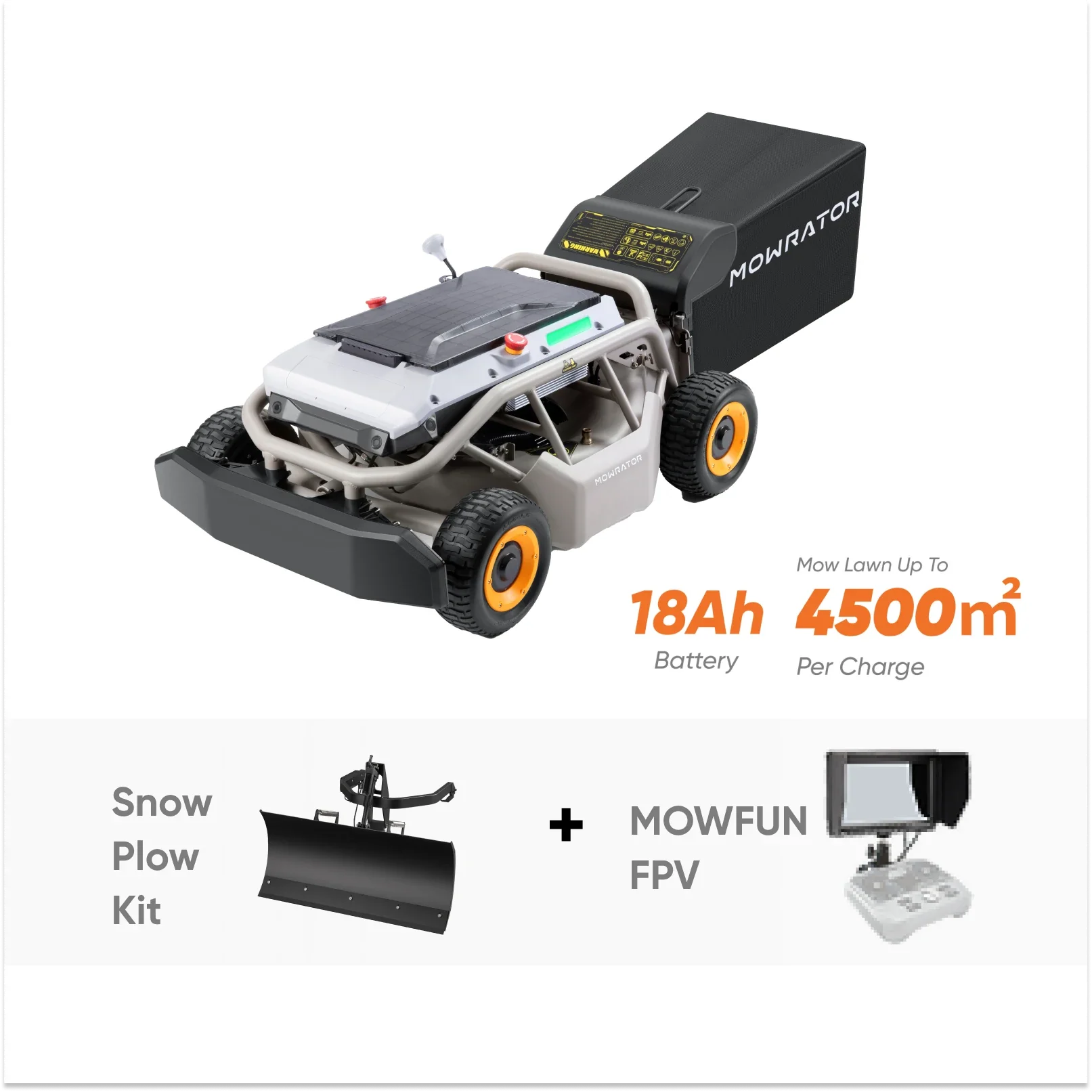 MOWRATOR Indoor Mow-Plow Bundle with 4WD lawn mower, snow plow kit, and MOWFUN FPV remote control system.