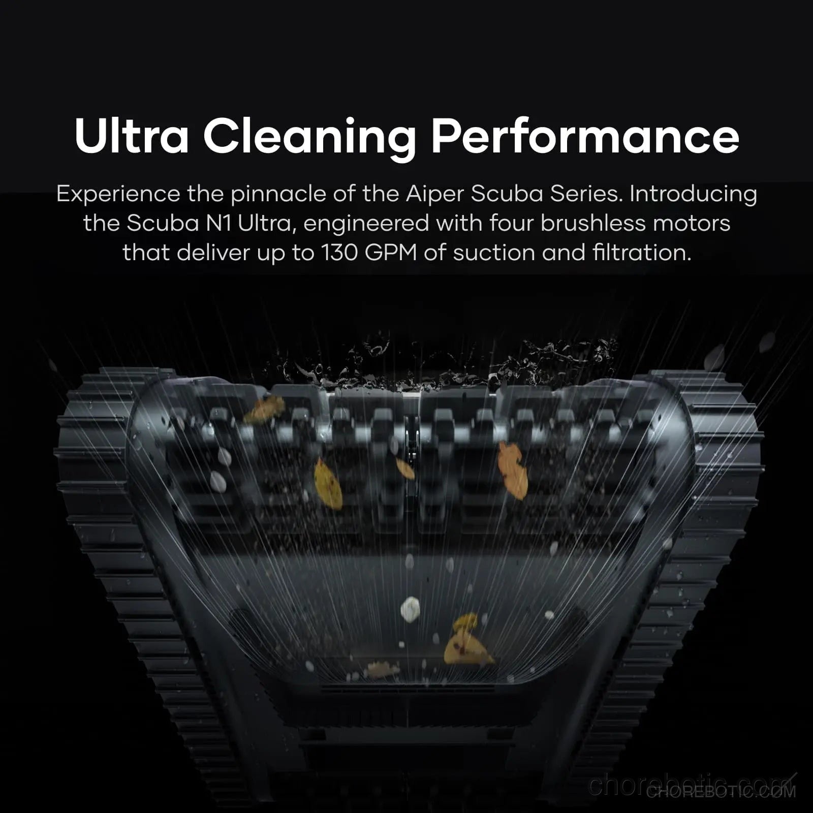 Aiper Scuba N1 Ultra cordless robotic pool cleaner cleaning a pool floor with blue and white design, showcasing its compact shape.