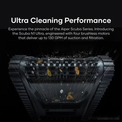 Aiper Scuba N1 Ultra cordless robotic pool cleaner cleaning a pool floor with blue and white design, showcasing its compact shape.