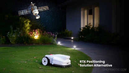 FJD FV2000 robotic lawn mower from FJDynamics cutting grass in a backyard, featuring sleek design and built-in safety sensors.