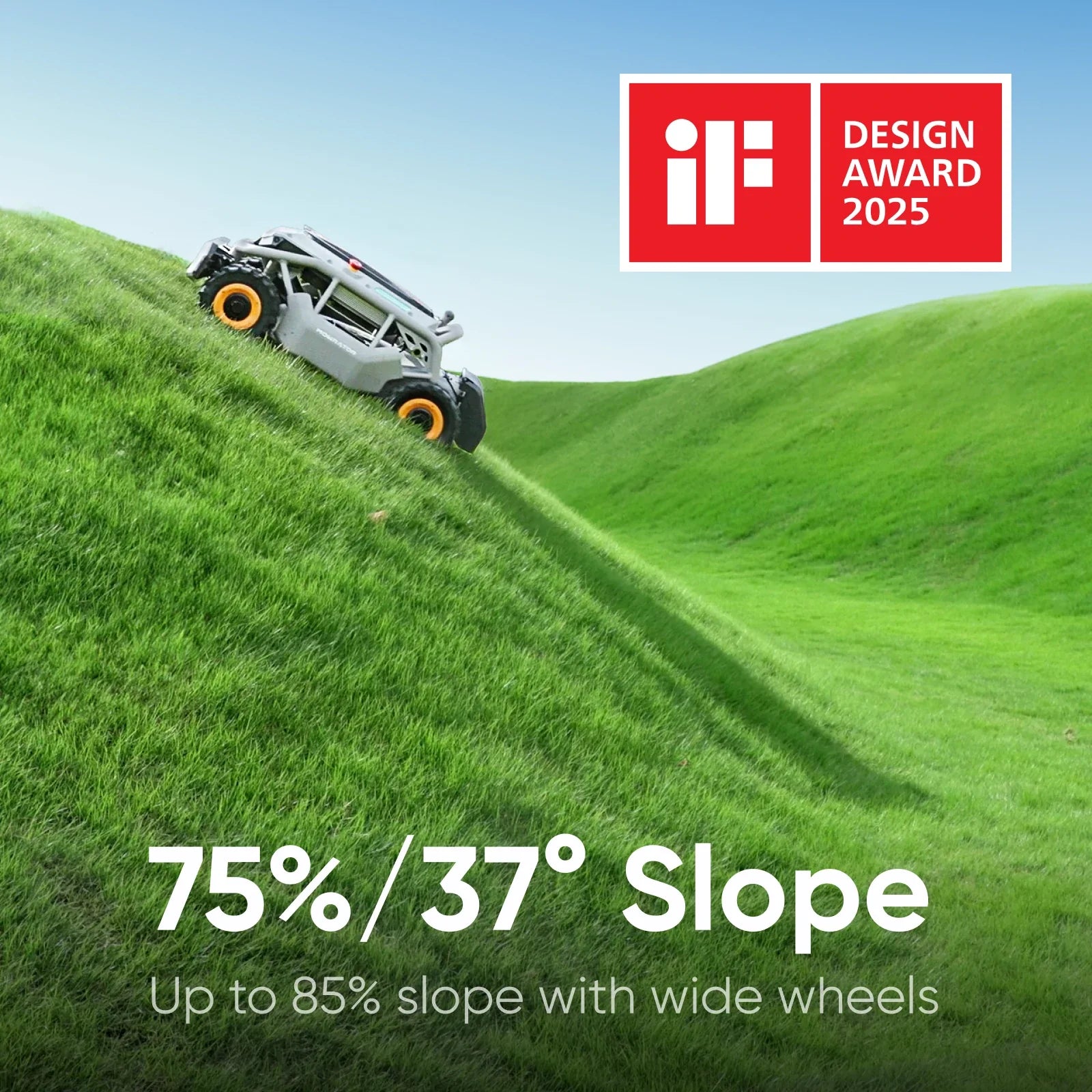 MOWRATOR Extended Power Bundle with S1 4WD 18Ah battery mower on slope, showing durable design and battery compartment.