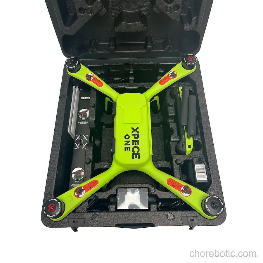 Xpece ONE fishing drone flying over water with camera, designed for aerial fishing and capturing underwater footage.