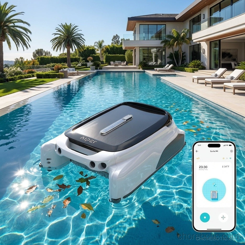 Aiper Surfer M1 cordless robotic pool cleaner skimming debris from a swimming pool surface.