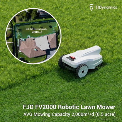 FJD FV2000 robotic lawn mower from FJDynamics cutting grass in a lush green garden.