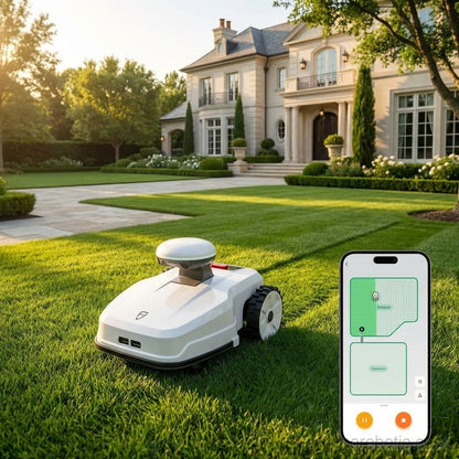 FJD FR4000 robotic lawn mower from FJDynamics, cutting grass in a backyard with its sleek design and cutting blades visible.