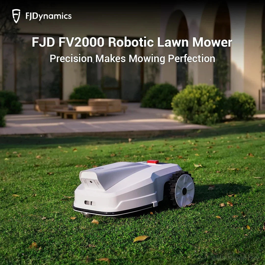 FJD FV2000 robotic lawn mower from FJDynamics cutting grass in a lush green yard during daytime.