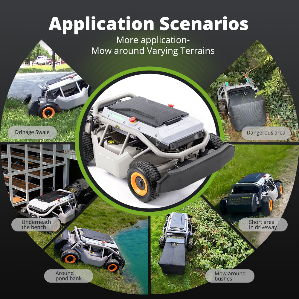 MOWRATOR Extended Power Bundle with S1 4WD 18Ah battery mower on a grassy slope, showing its rugged design and large wheels.