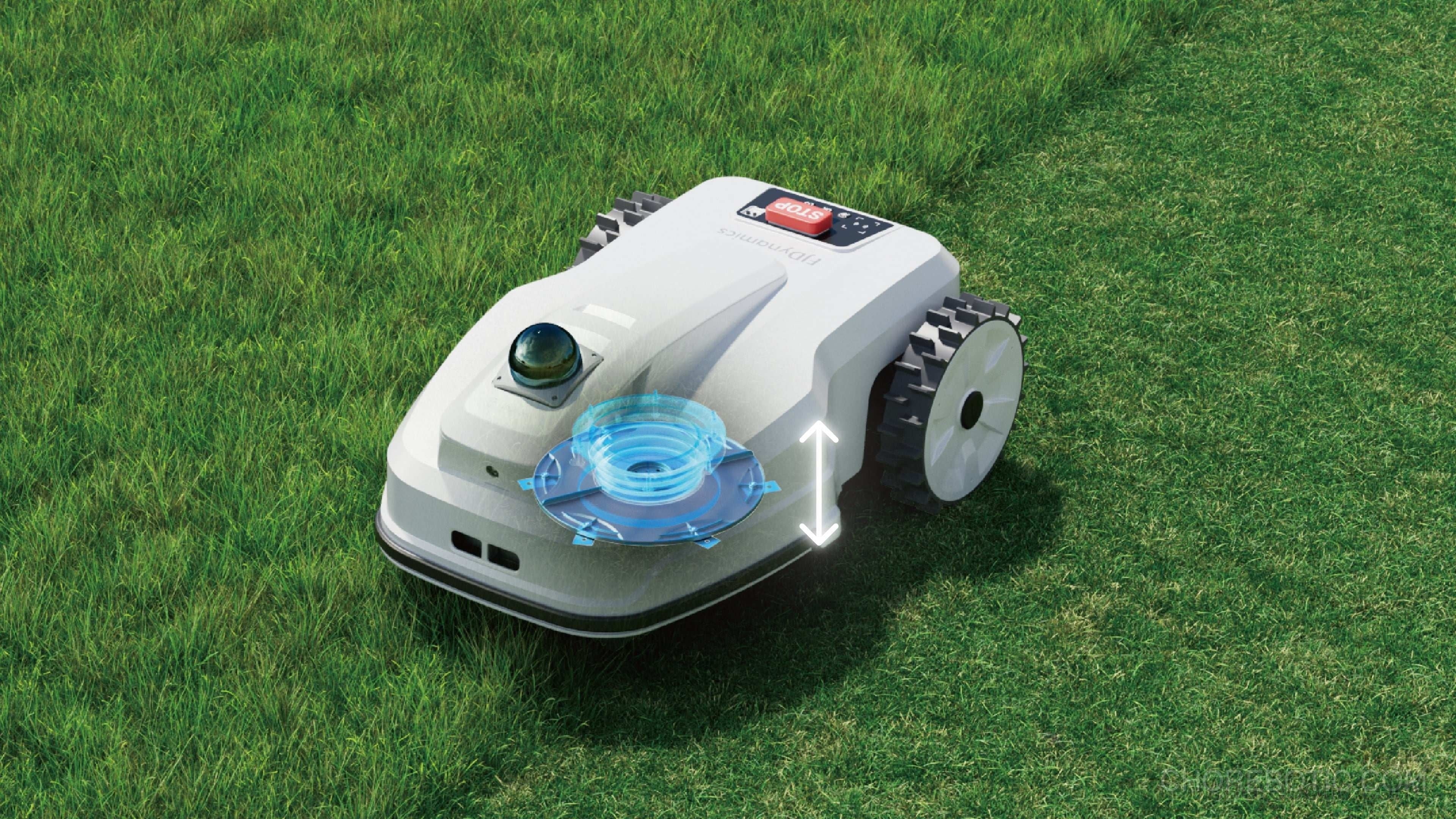 FJDynamics FL3000 No Wire LiDAR robotic lawn mower cutting grass in a backyard yard.