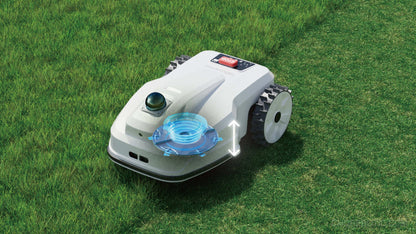 FJDynamics FL3000 No Wire LiDAR robotic lawn mower cutting grass in a backyard yard.