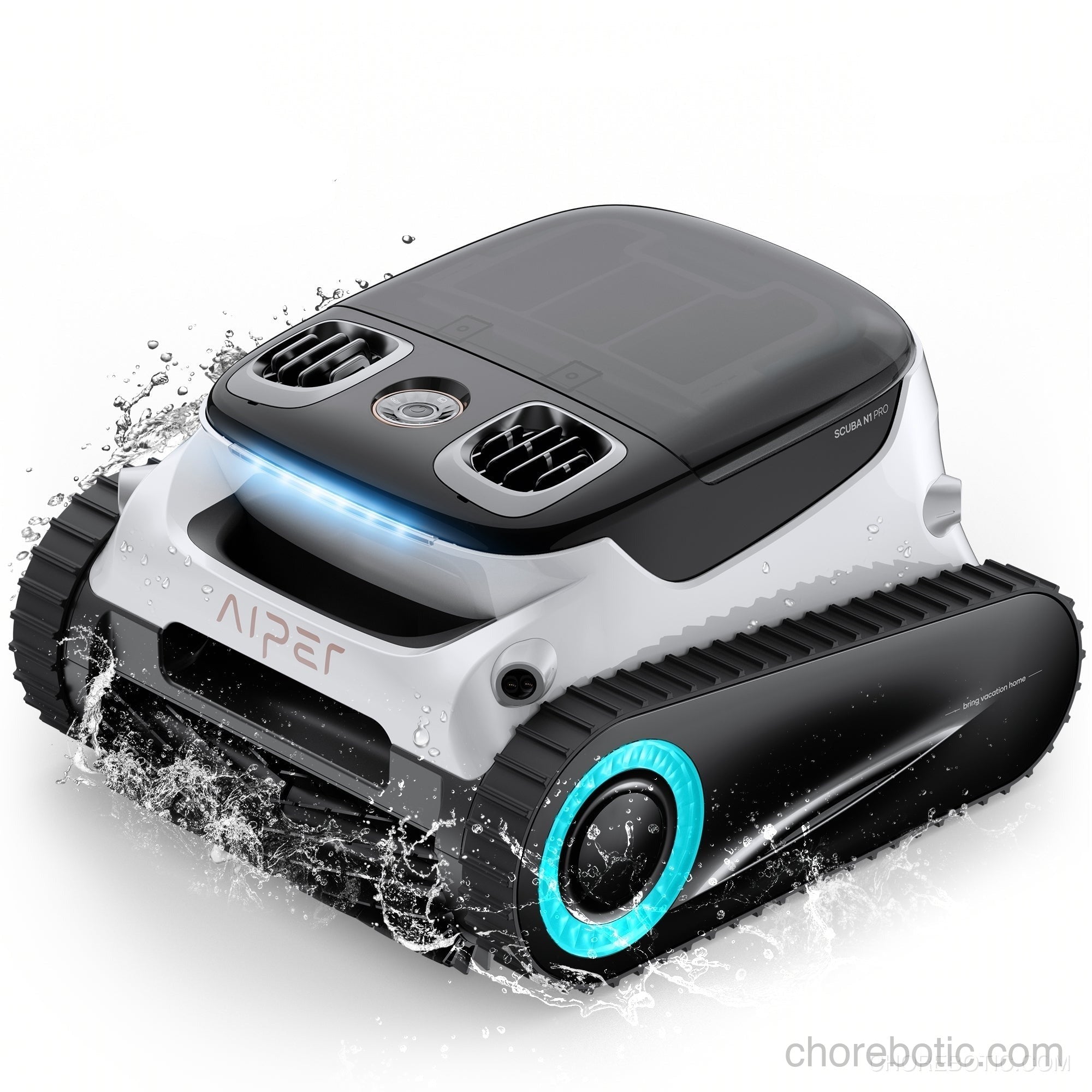 Aiper Scuba N1 Pro cordless robotic pool cleaner cleaning a swimming pool floor and walls.