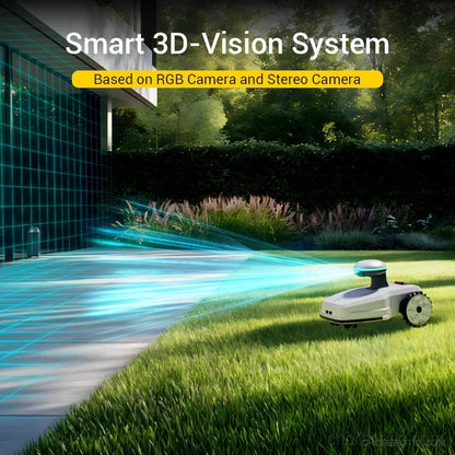 FJD FR4000 robotic lawn mower from FJDynamics cutting grass in a backyard, featuring a sleek design and advanced navigation system.