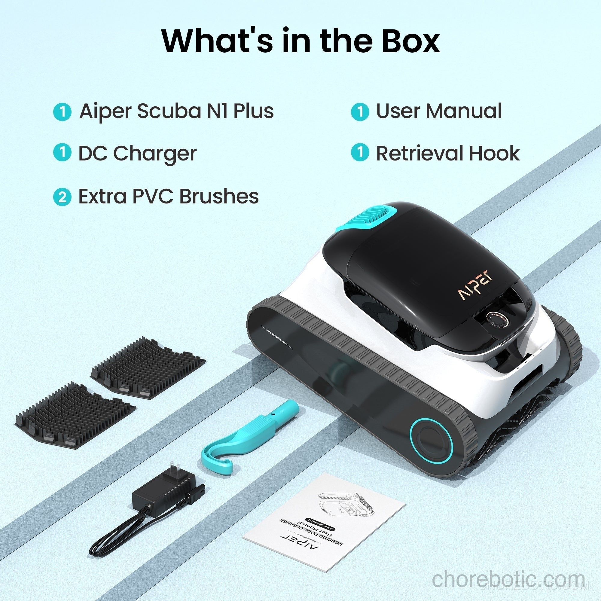 Aiper Scuba N1 Plus cordless robotic pool cleaner submerged in a clean swimming pool, ready for automatic pool cleaning.