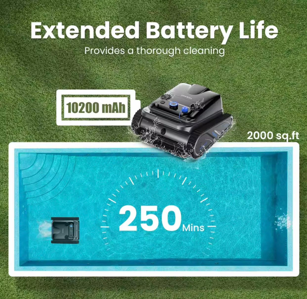 TASVAC Automatic Cordless Robotic Pool Cleaner,240 Mins Runtime,Self-Parking,for Flat Above/In-Ground Pool to 80 Feet/2000 Sq.Ft