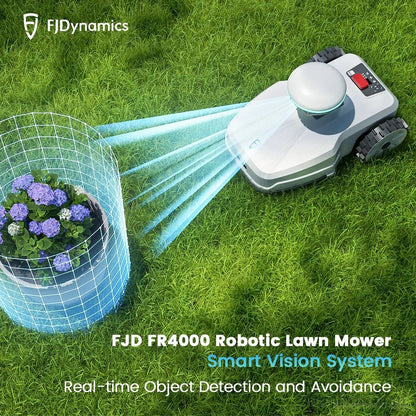 FJD FR4000 robotic lawn mower from FJDynamics cutting grass in a lush green yard, showcasing its compact design and cutting blades.