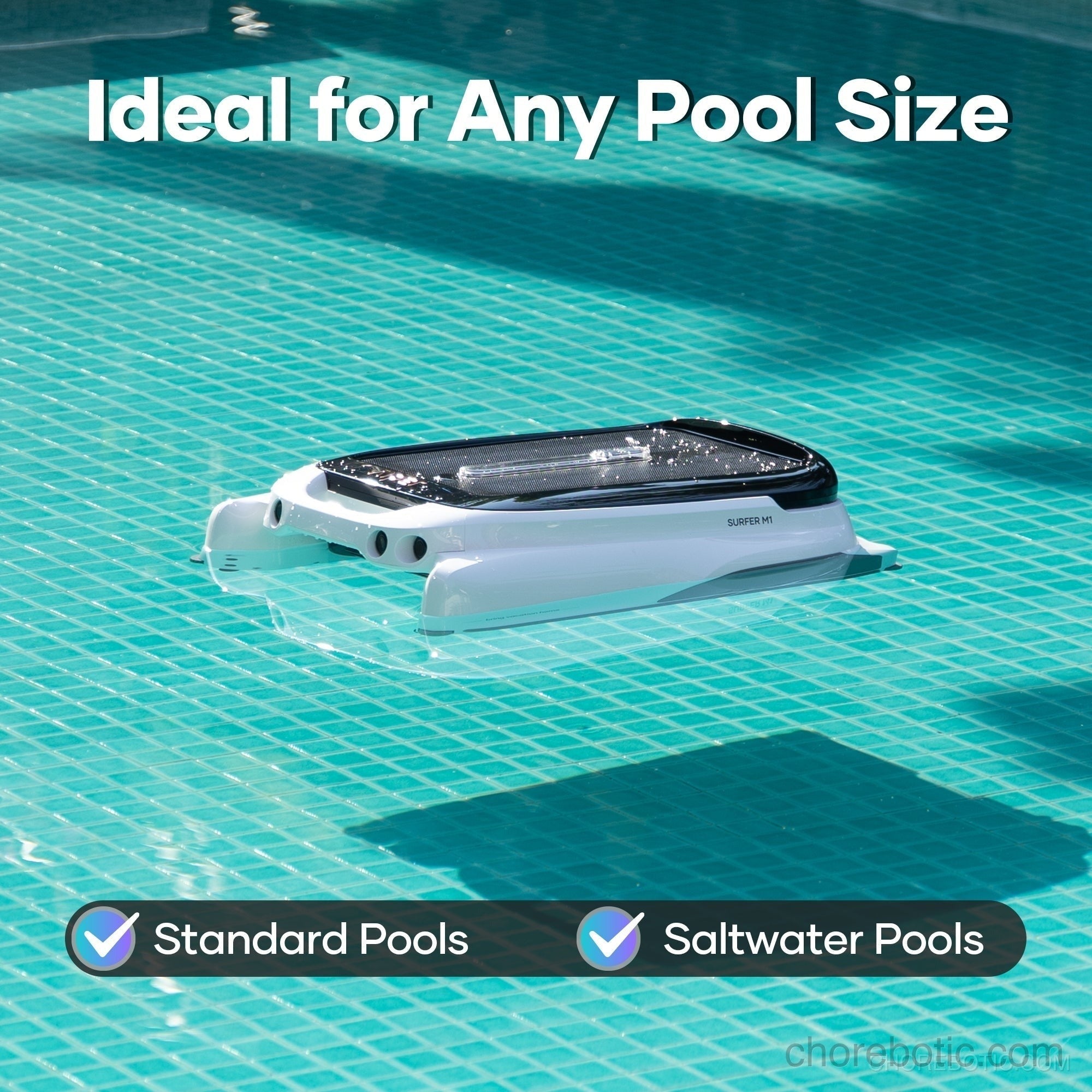 Aiper Surfer M1 cordless robotic pool cleaner skimming the surface of a clean swimming pool.