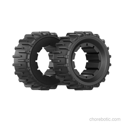 Pair of wide wheels for 85% slope by MOWRATOR, showing durable rubber tires and sturdy metal rims for off-road terrain.
