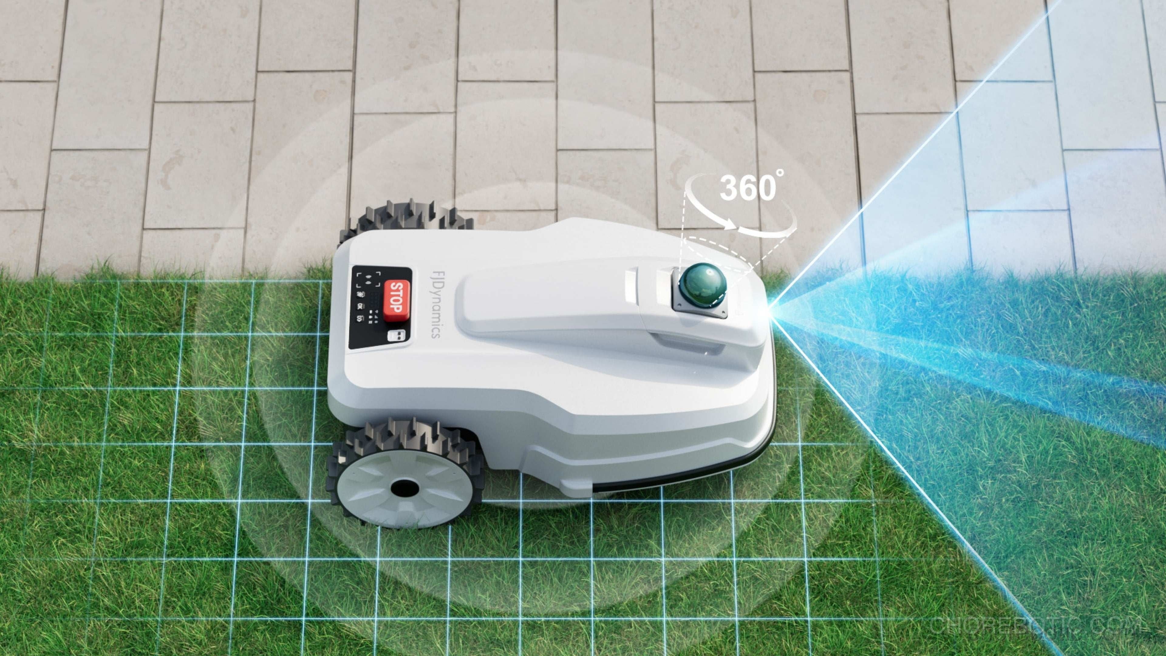 FJDynamics FJD FL3000 No Wire LiDAR robotic lawn mower with sleek design and cutting blades for efficient yard grooming.