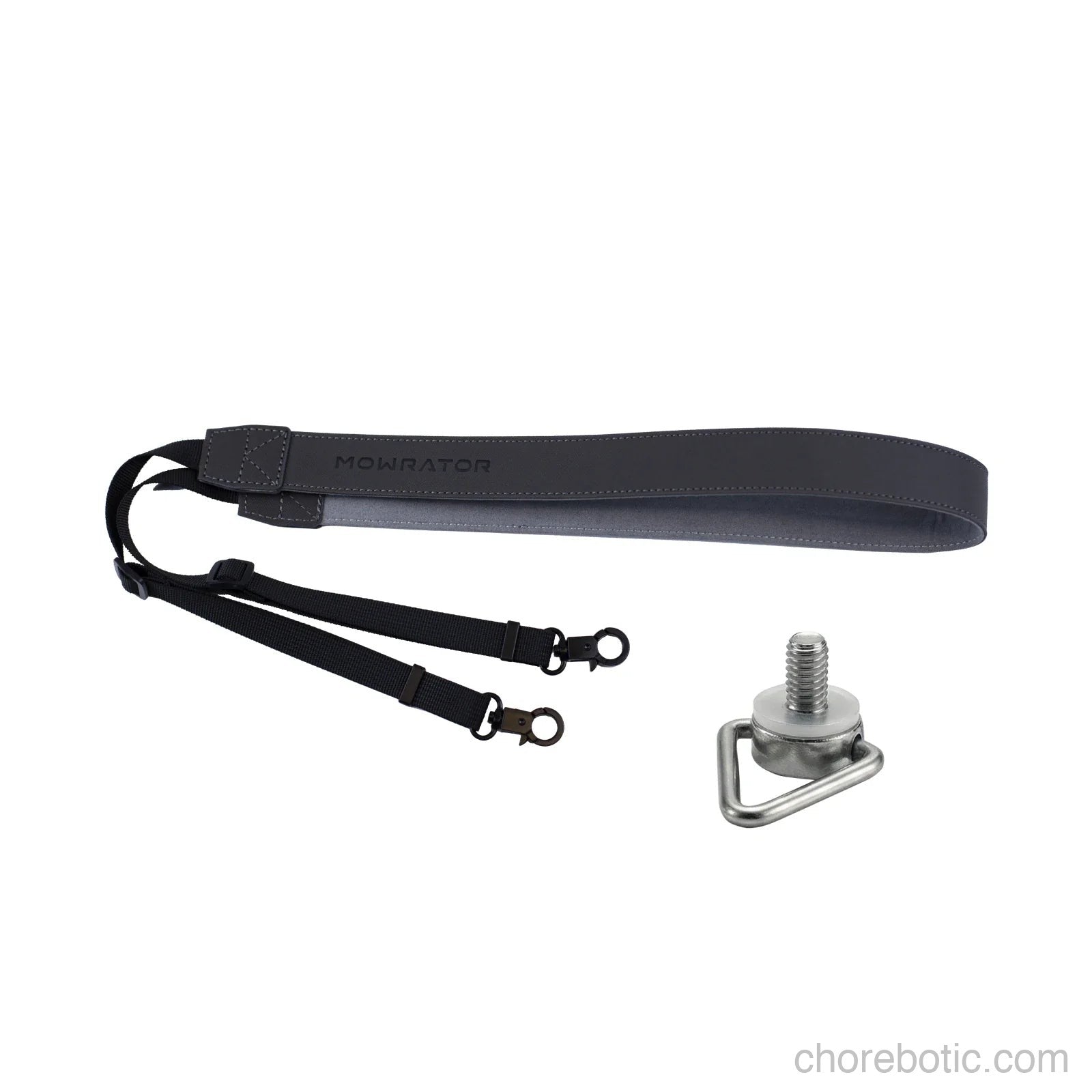 MOWRATOR Mowrator neck strap with adjustable black strap and metal clip for securing tools or accessories.