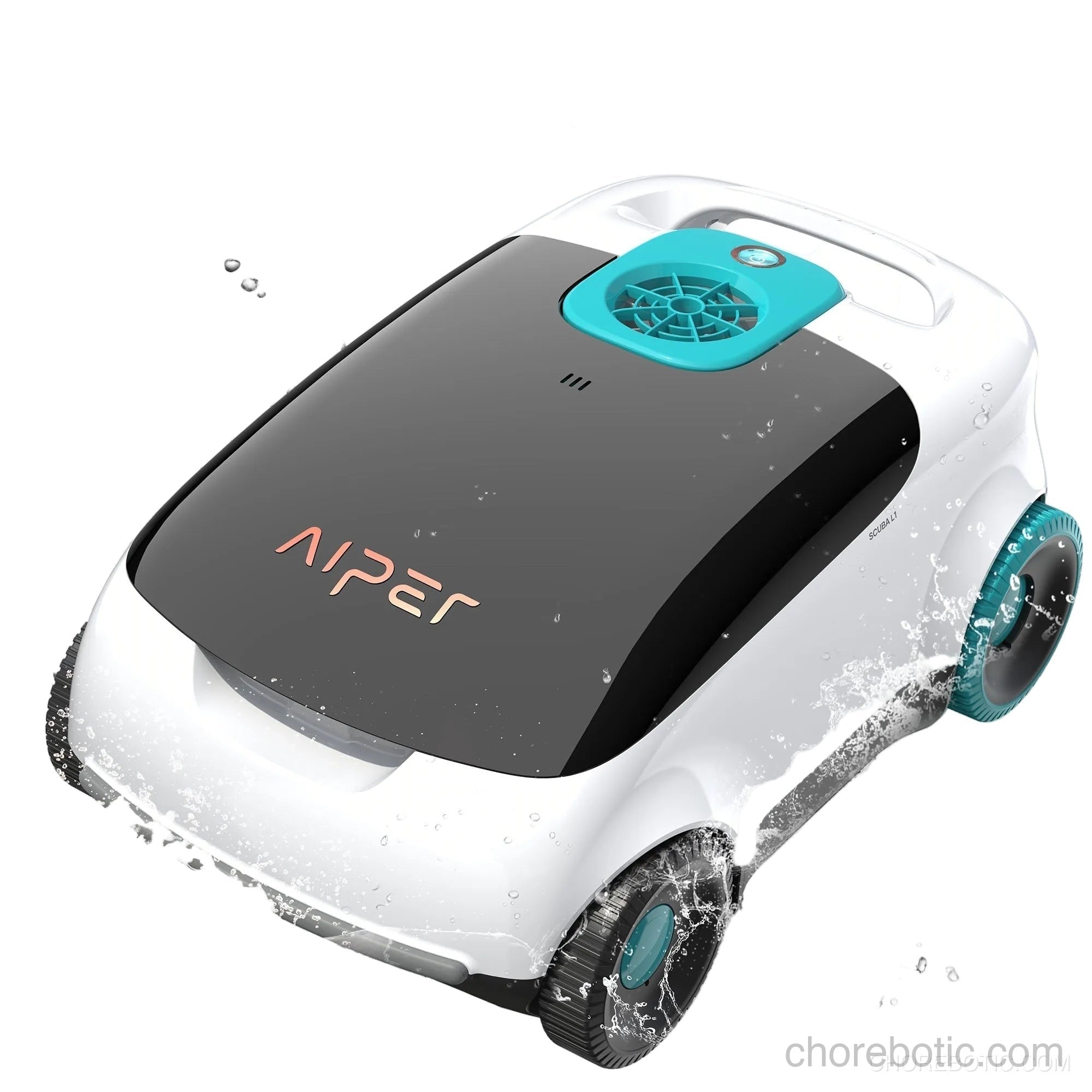 Aiper Scuba L1 cordless robotic pool cleaner cleaning the pool floor with brushes and suction in a backyard pool.
