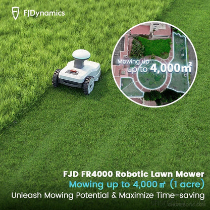 FJD FR4000 robotic lawn mower from FJDynamics cutting grass in a backyard, showcasing its compact design and safety features.