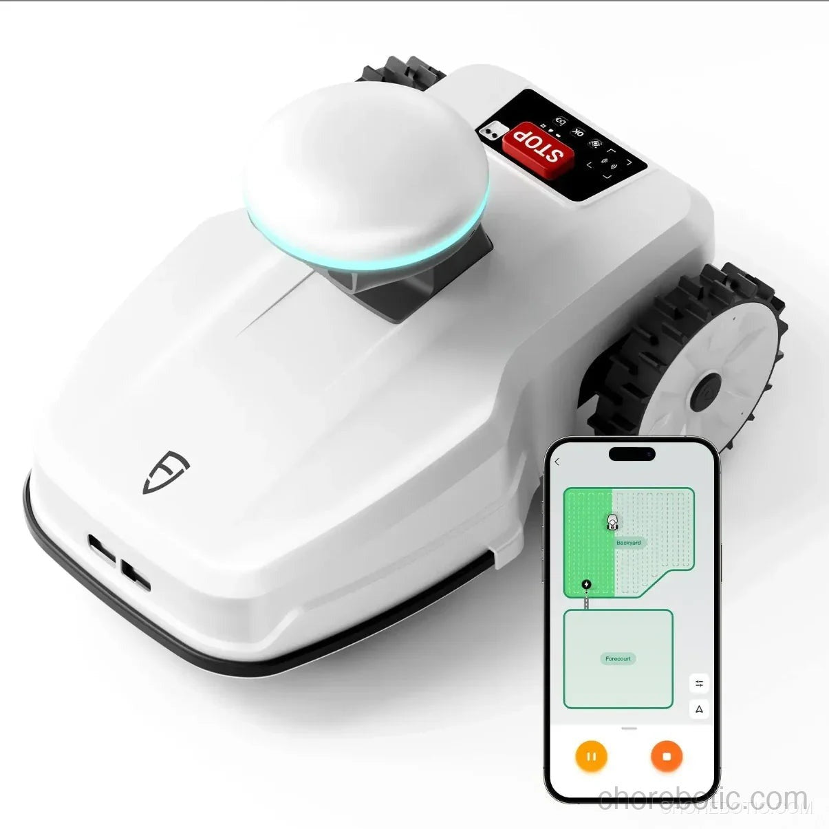 FJD FR4000 robotic lawn mower from FJDynamics working on a lush green lawn, showcasing its compact design and cutting blades.