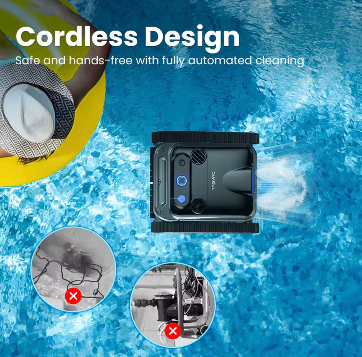 TASVAC Automatic Cordless Robotic Pool Cleaner,240 Mins Runtime,Self-Parking,for Flat Above/In-Ground Pool to 80 Feet/2000 Sq.Ft