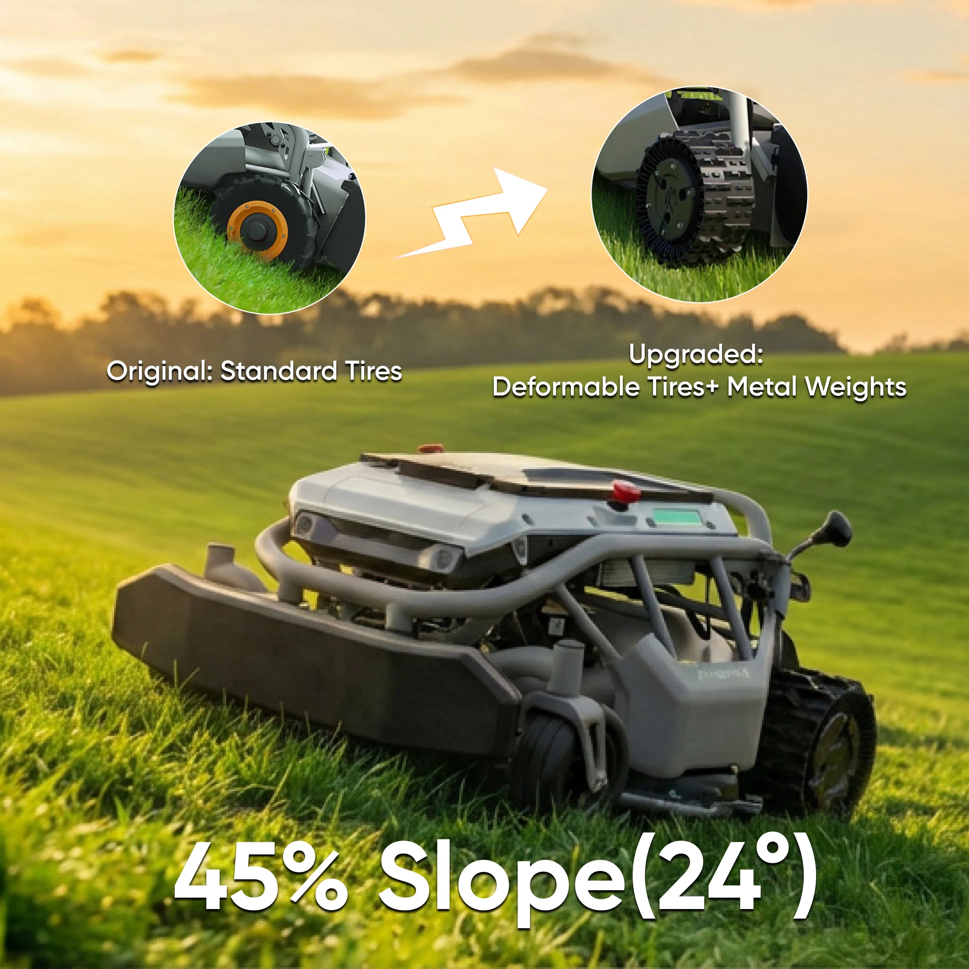 MOWRATOR S1 2WD remote control lawn mower with 45% slope capacity and leaf shredding vacuum attachment in action outdoors.